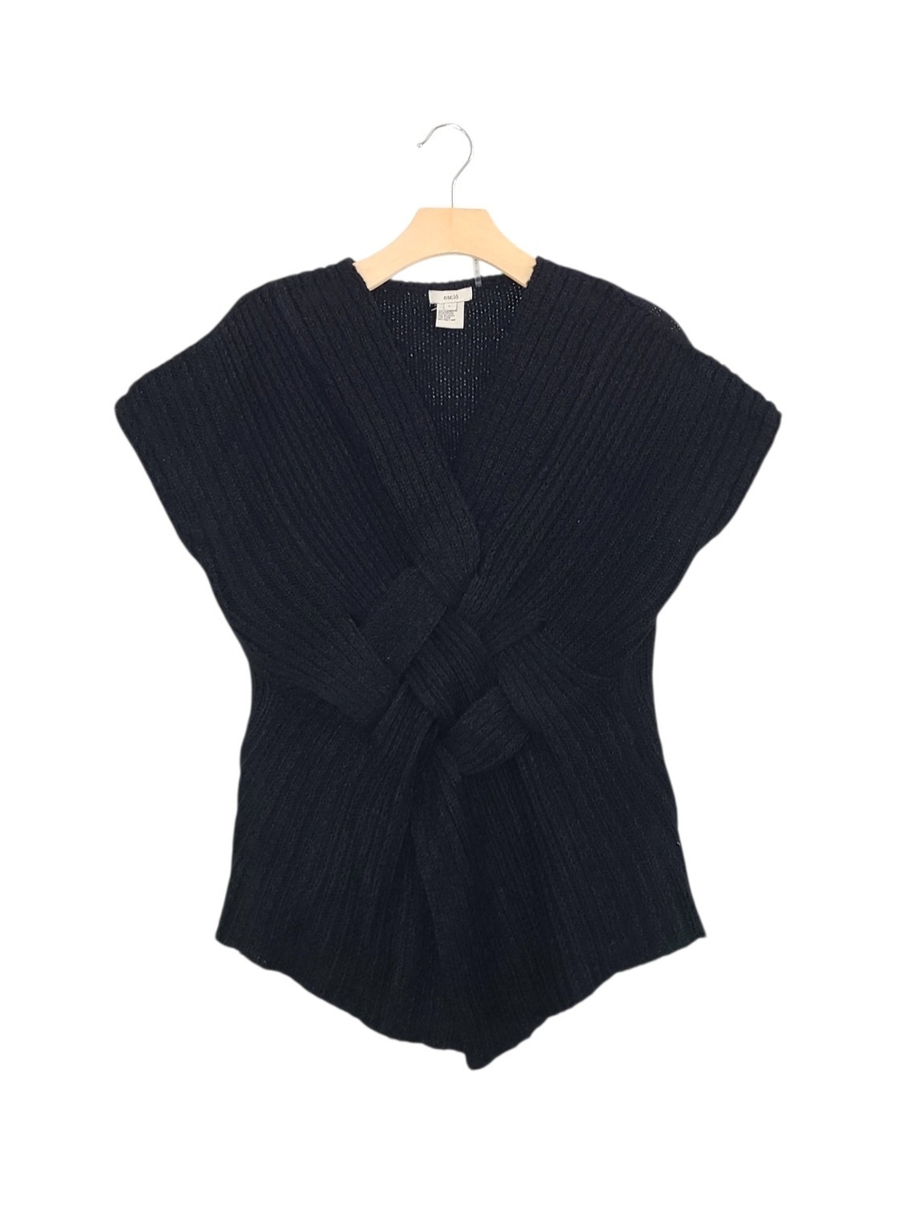 Escio Anthropologie Black Woven Knot-Front Ribbed V-Neck Knit Sweater